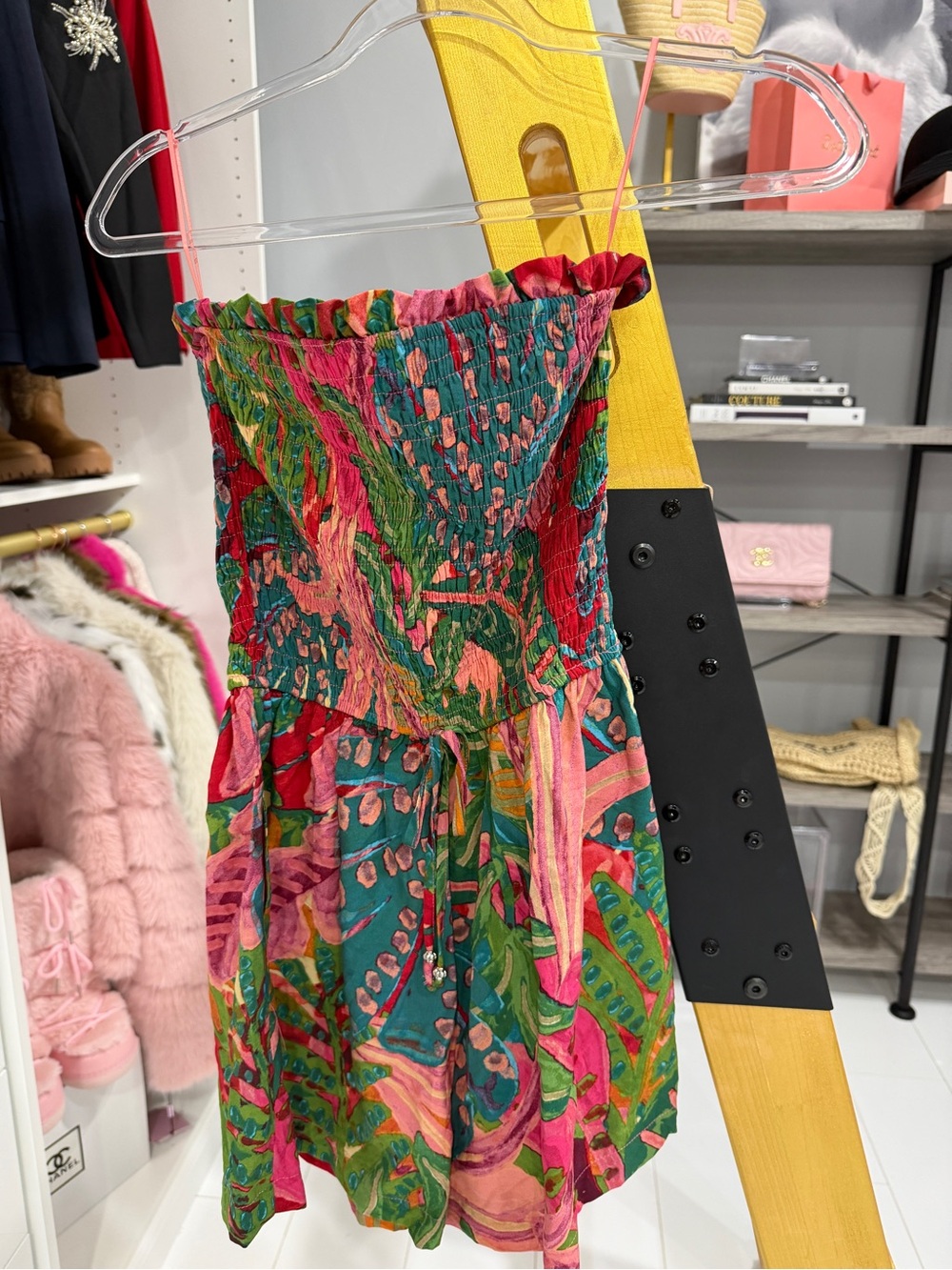 Vici Multicolor Strapless Smocked Tropical Romper — Green & Pink
